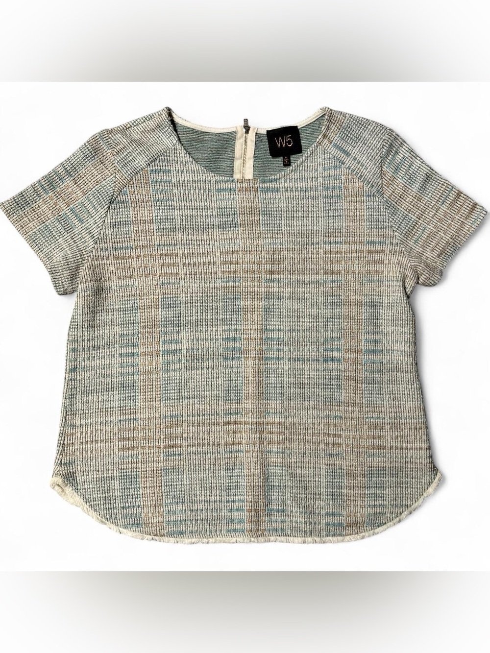 W5 Knitted cottage Tweed Plaid Blue, Beige & White Blouse with Frayed Hem M